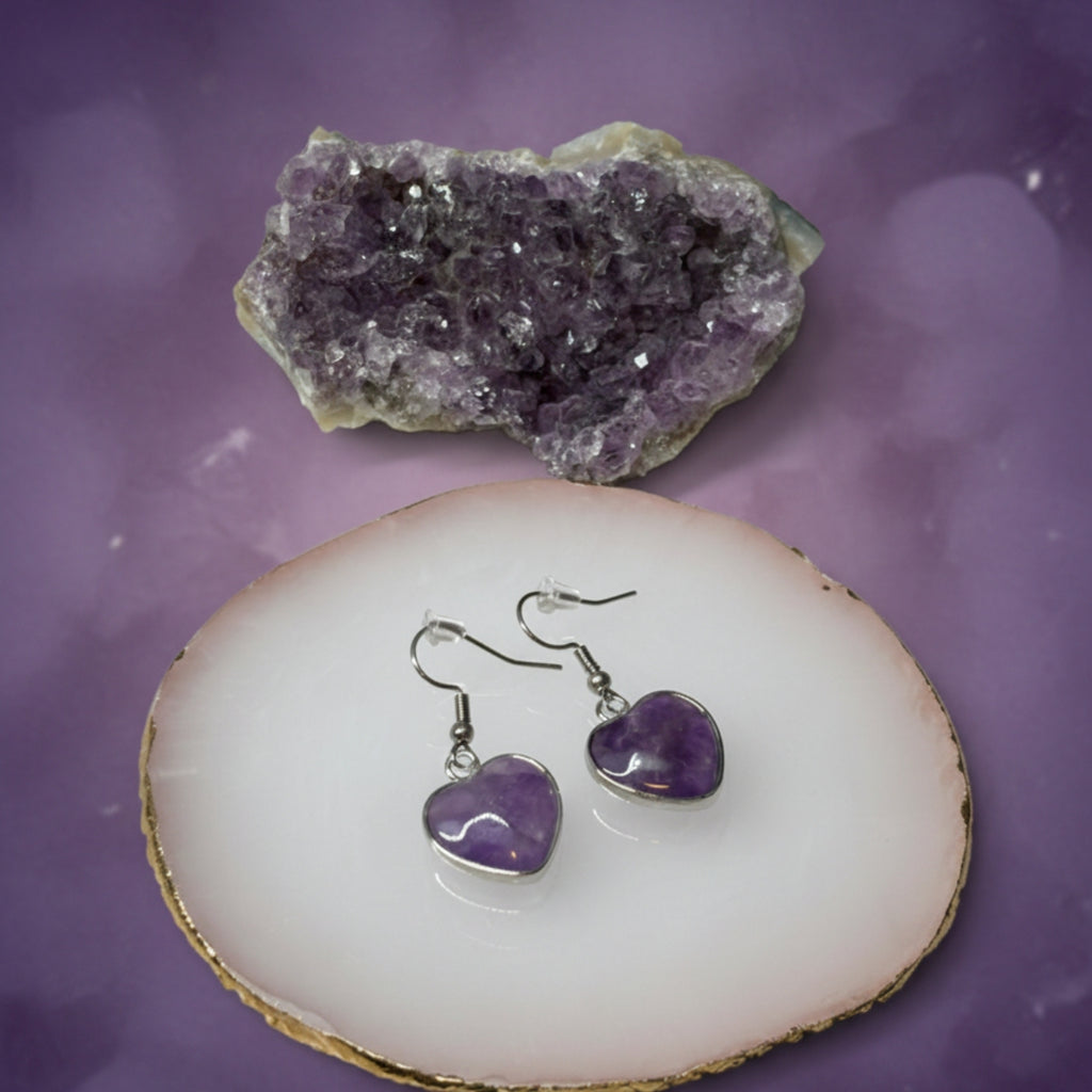 Aros Corazón de Amatista Natural y Acero para Amor y Armonía