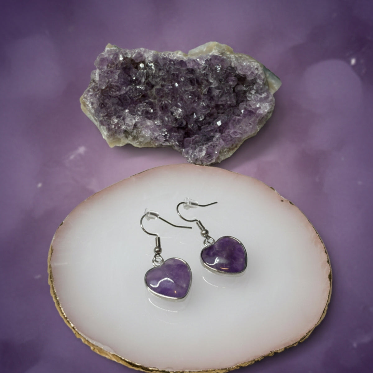 Aros Corazón de Amatista Natural y Acero para Amor y Armonía