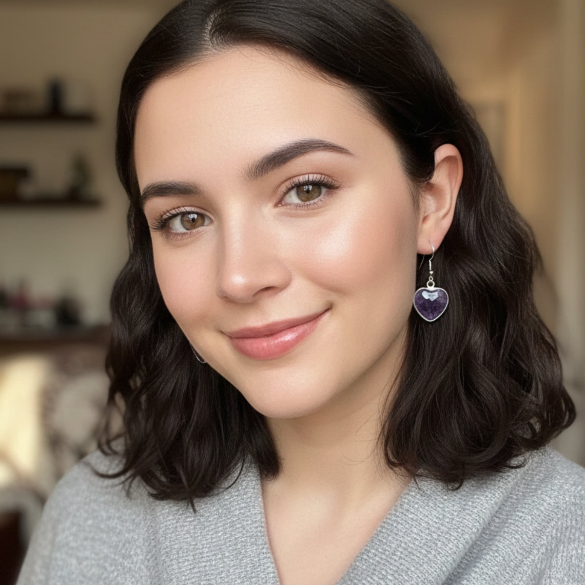 Aros Corazón de Amatista Natural y Acero para Amor y Armonía