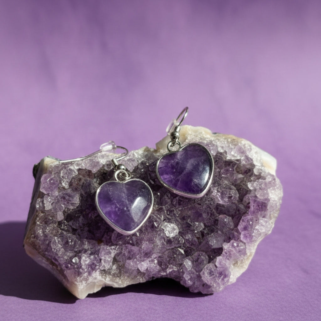 Aros Corazón de Amatista Natural y Acero para Amor y Armonía