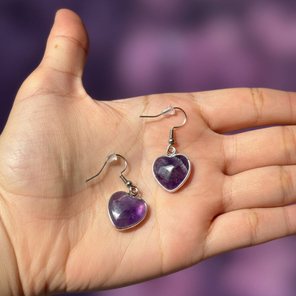 Aros Corazón de Amatista Natural y Acero para Amor y Armonía
