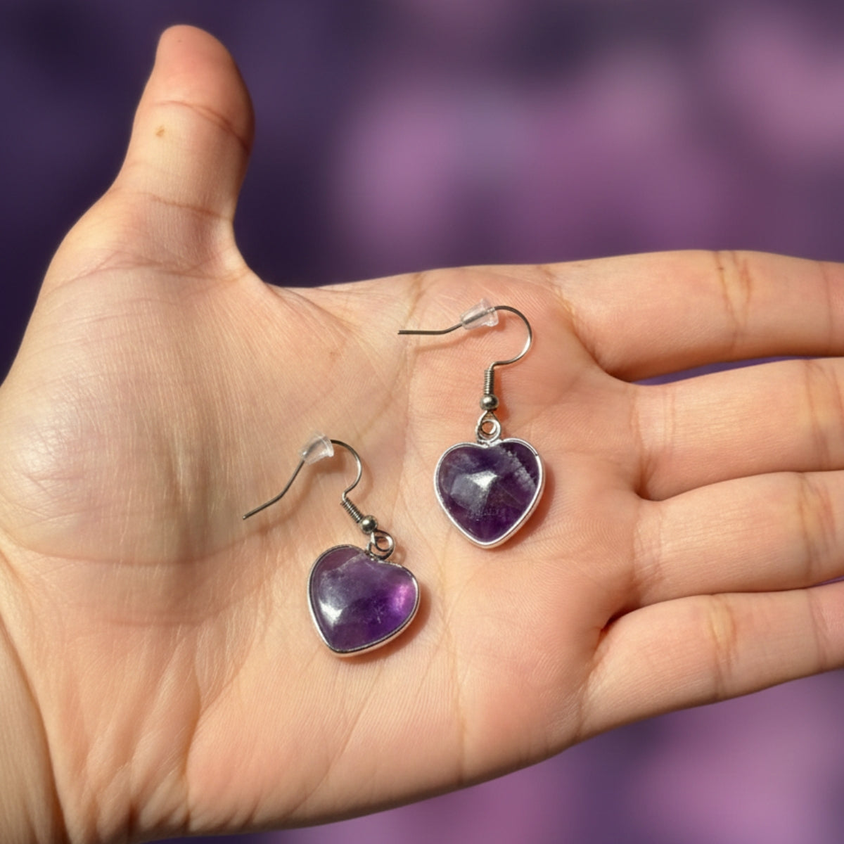 Aros Corazón de Amatista Natural y Acero para Amor y Armonía