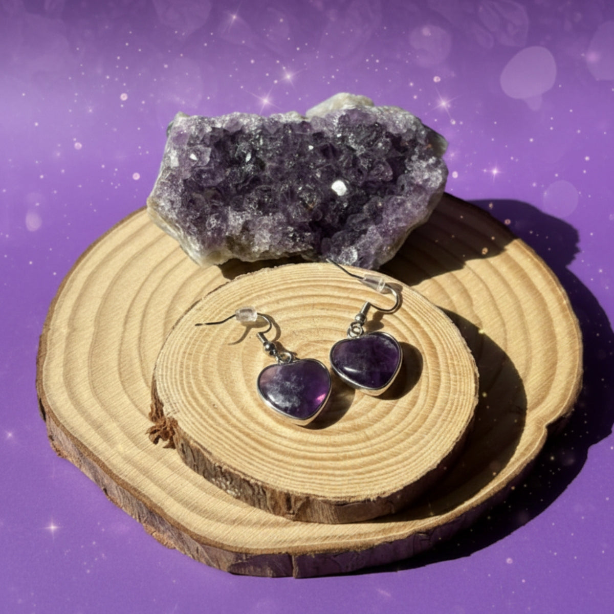 Aros Corazón de Amatista Natural y Acero para Amor y Armonía