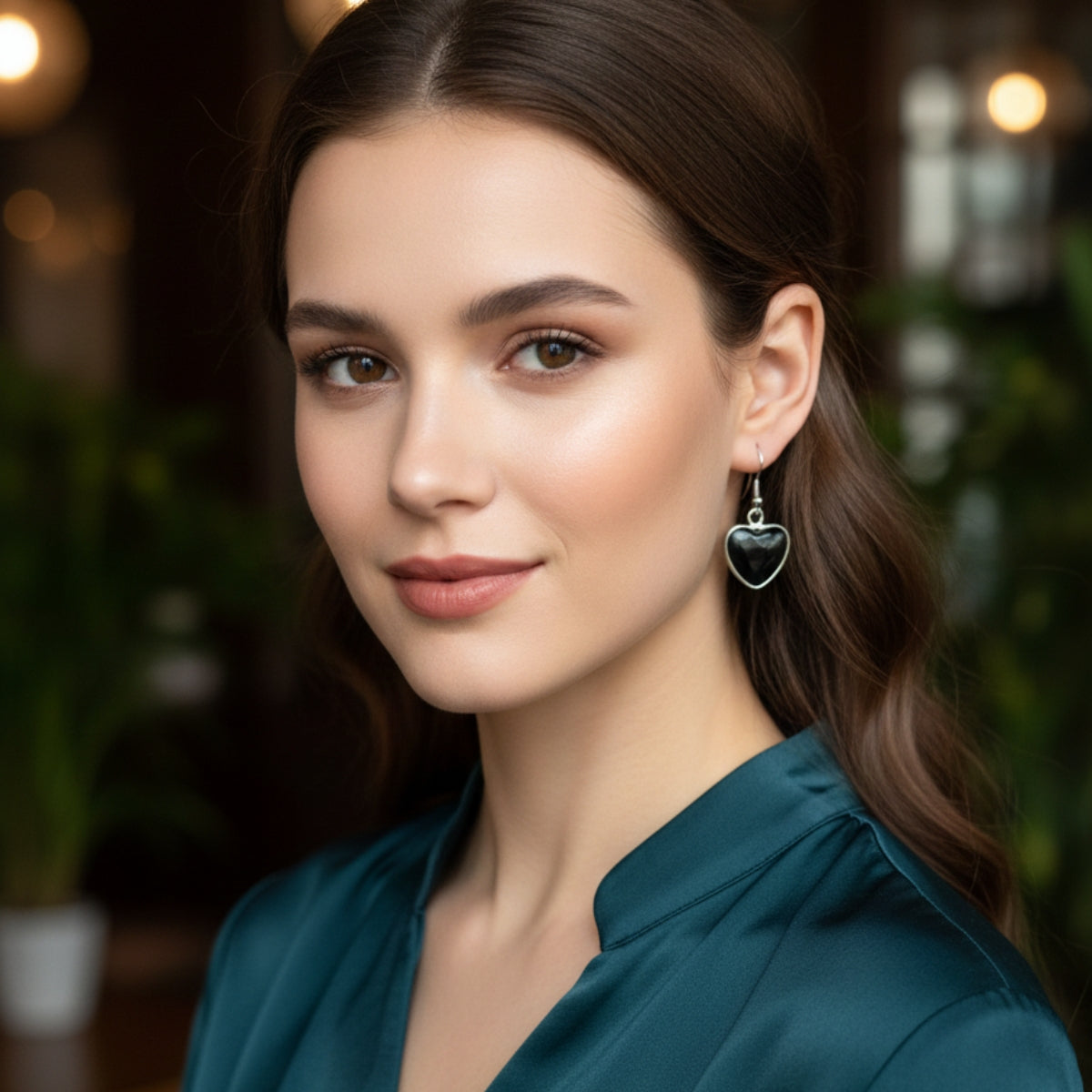 Aros Corazón de Obsidiana Negra Natural y Acero para Protección y Sanación