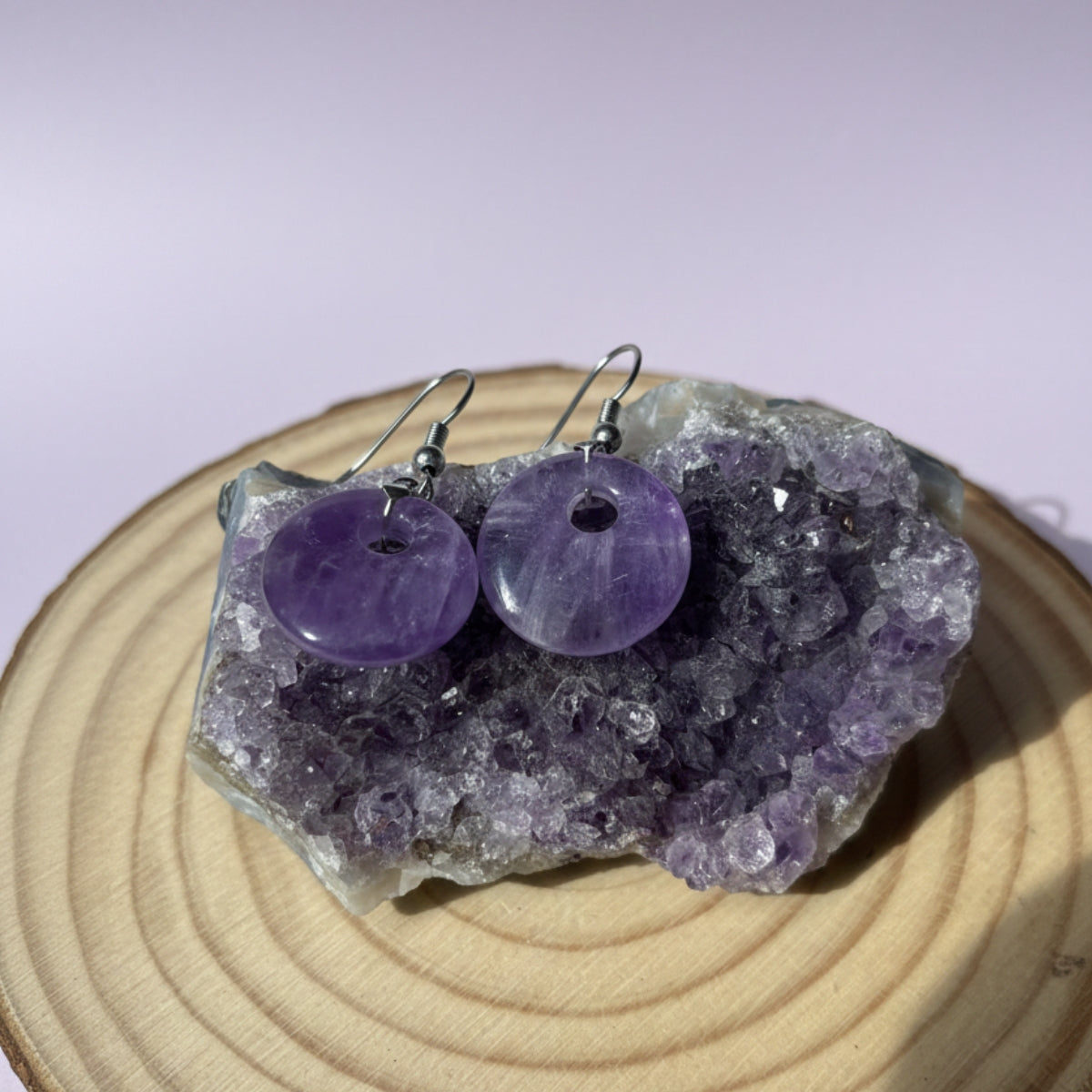 Aros de Amatista Natural y Acero Inoxidable para Paz y Transmutación