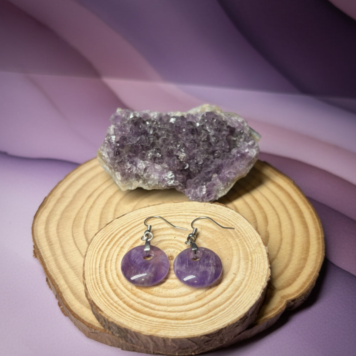 Aros de Amatista Natural y Acero Inoxidable para Paz y Transmutación