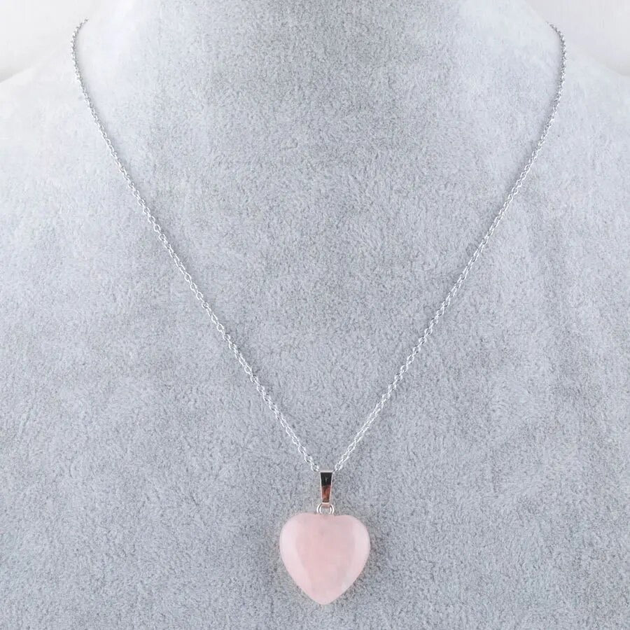 Collar Corazón de Cuarzo rosa Natural y Acero para Sanación y Energía