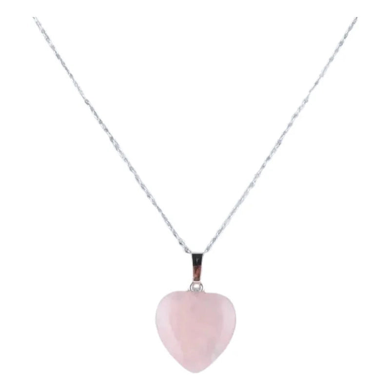 Collar Corazón de Cuarzo rosa Natural y Acero para Sanación y Energía