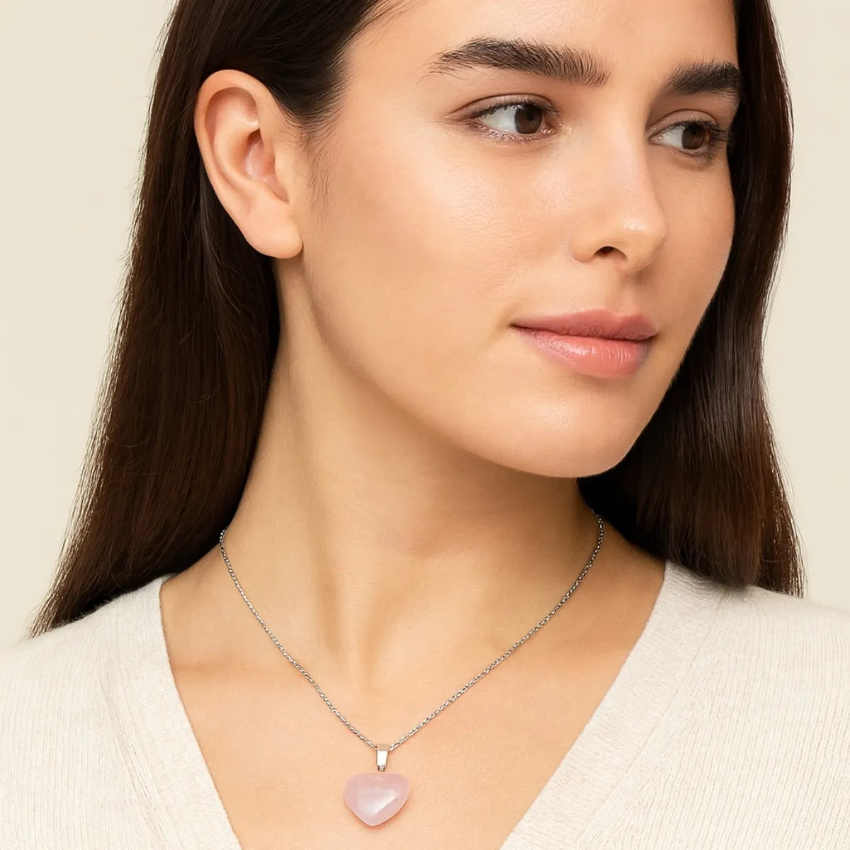 Collar Corazón de Cuarzo rosa Natural y Acero para Sanación y Energía