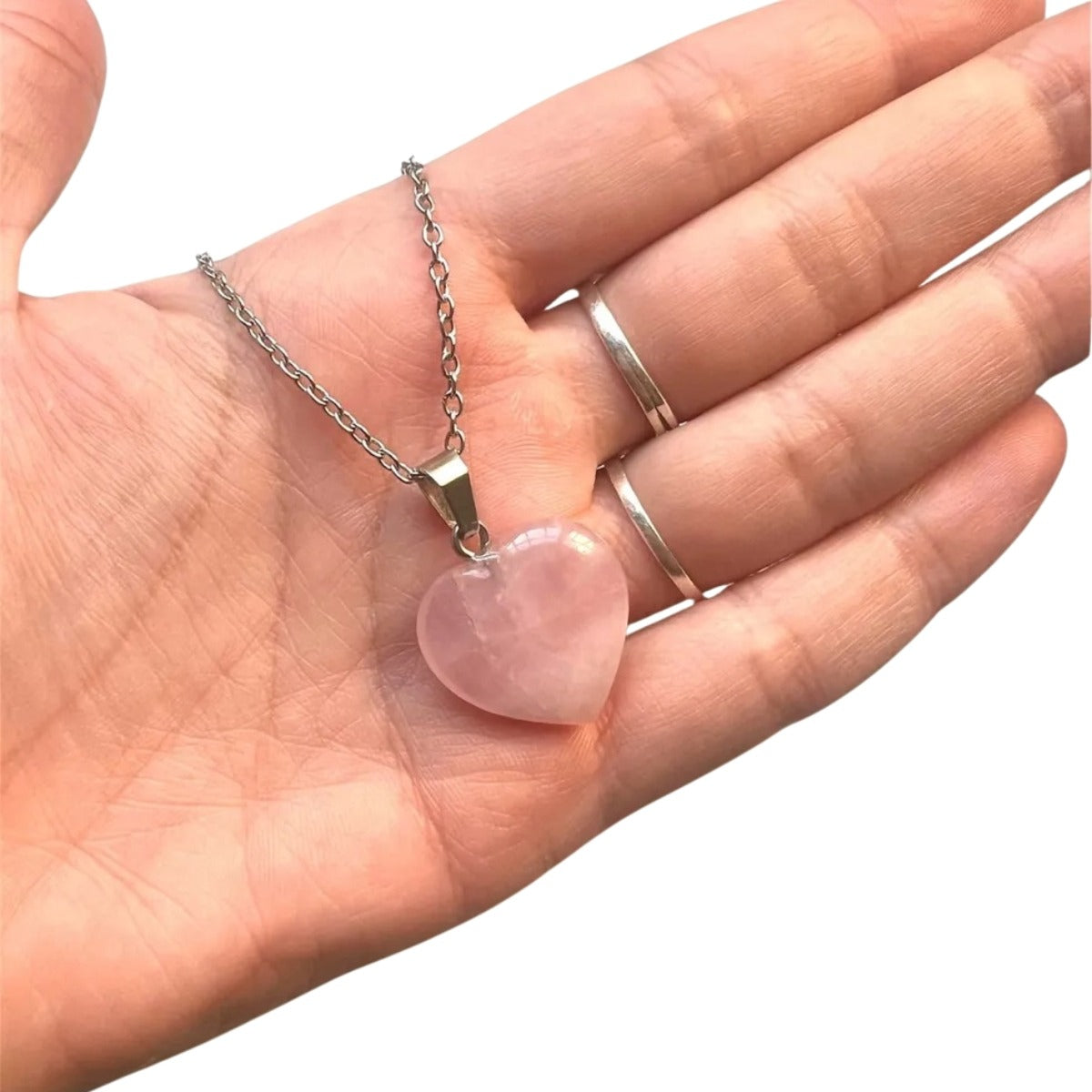 Collar Corazón de Cuarzo rosa Natural y Acero para Sanación y Energía