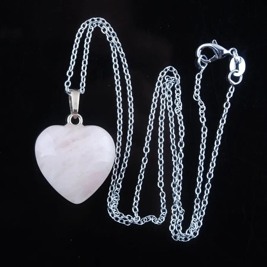 Collar Corazón de Cuarzo rosa Natural y Acero para Sanación y Energía