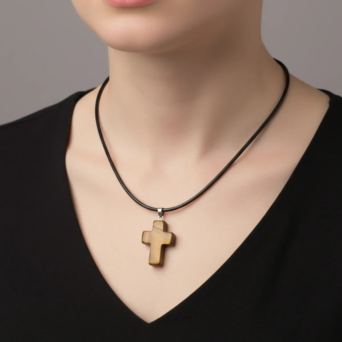 Collar Cruz De Ojo De Tigre Piedra Natural Energética