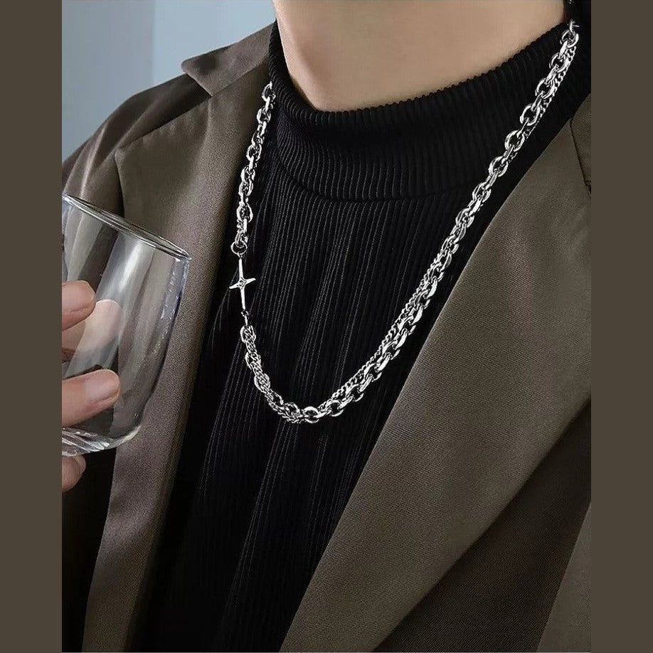 Collar Cruz Doble Cadena De Acero Inoxidable