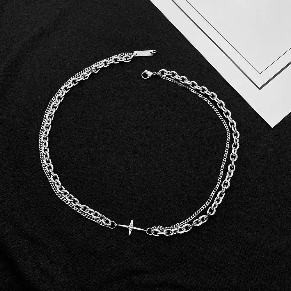 Collar Cruz Doble Cadena De Acero Inoxidable