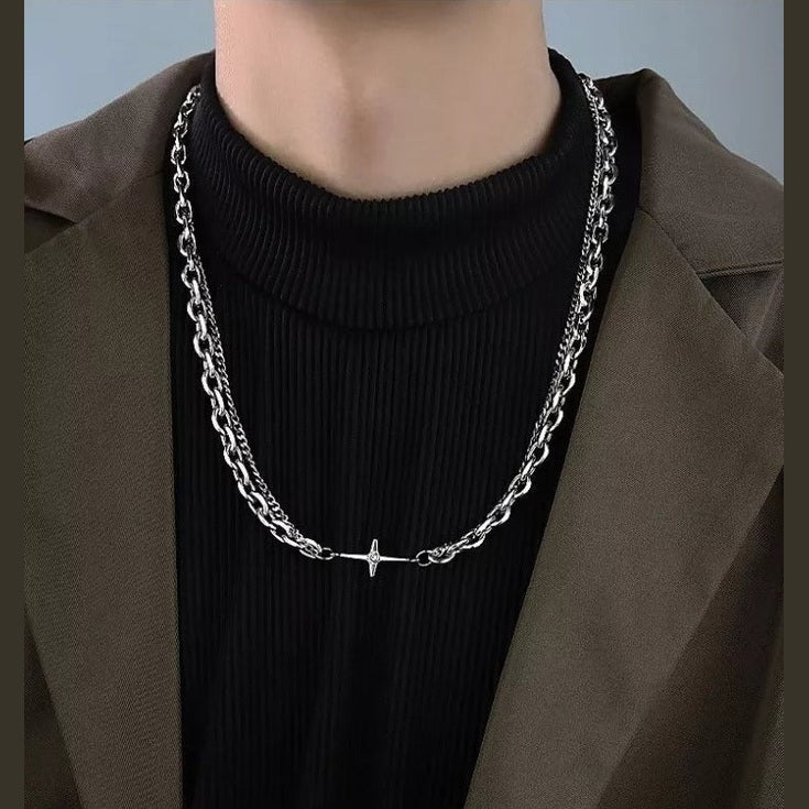 Collar Cruz Doble Cadena De Acero Inoxidable