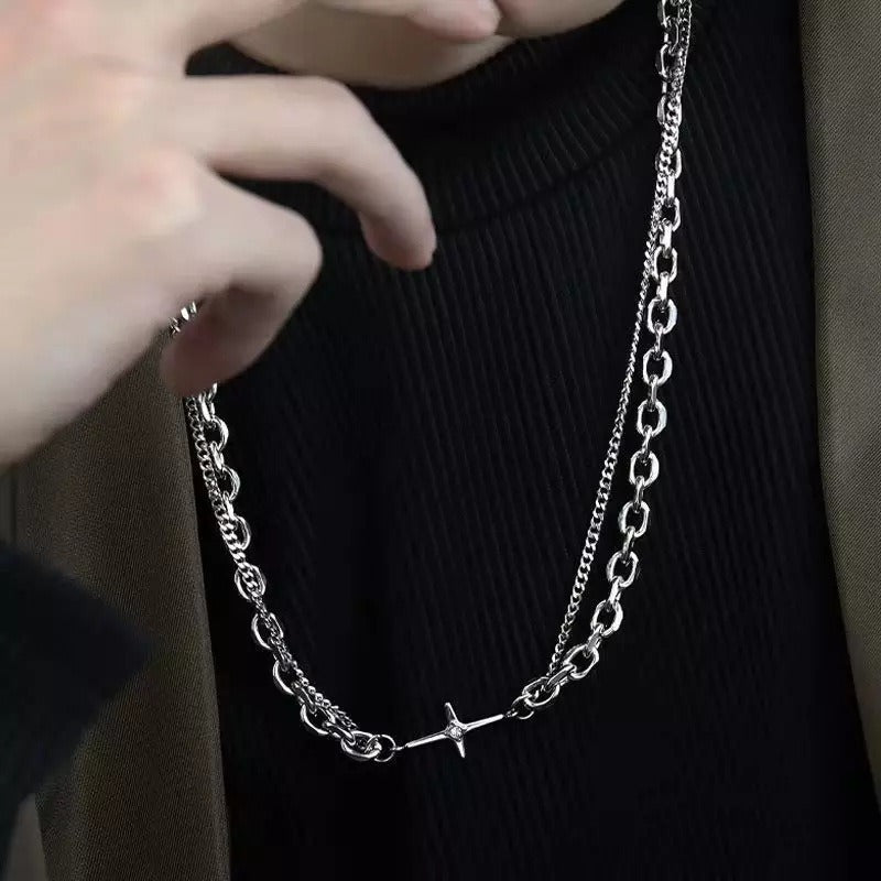 Collar Cruz Doble Cadena De Acero Inoxidable