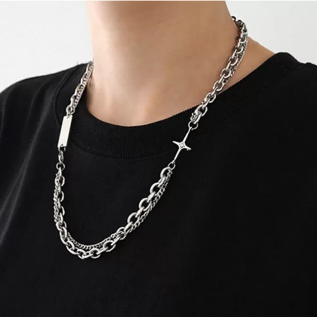 Collar Cruz Doble Cadena De Acero Inoxidable