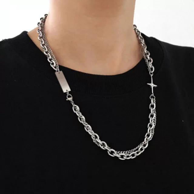Collar Cruz Doble Cadena De Acero Inoxidable