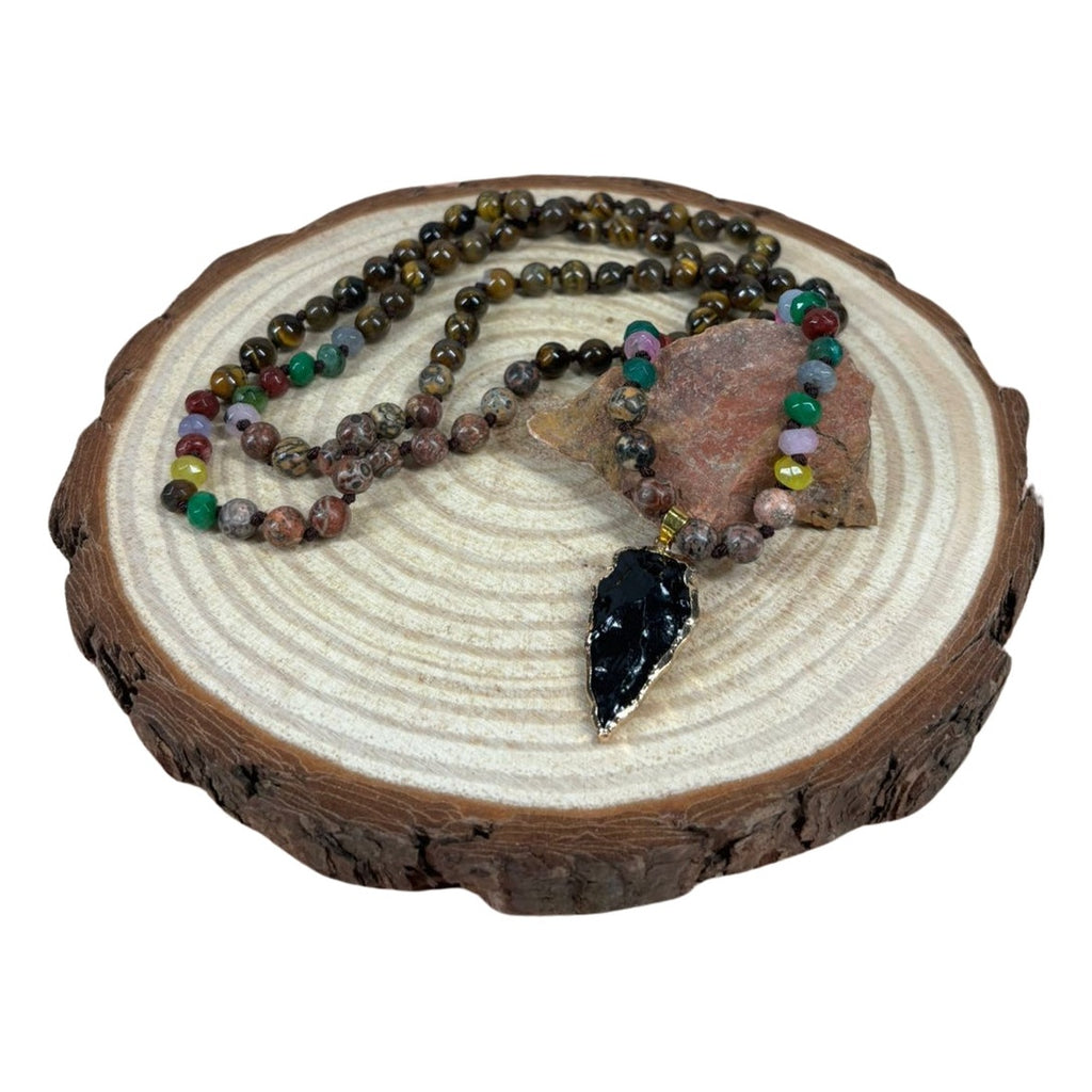 Collar Ojo De Tigre Con Flecha Obsidiana Piedras Naturales