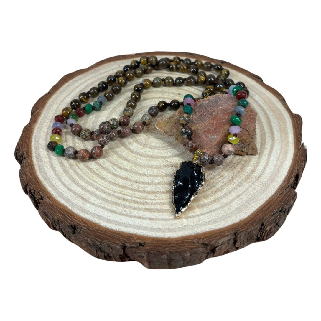 Collar Ojo De Tigre Con Flecha Obsidiana Piedras Naturales
