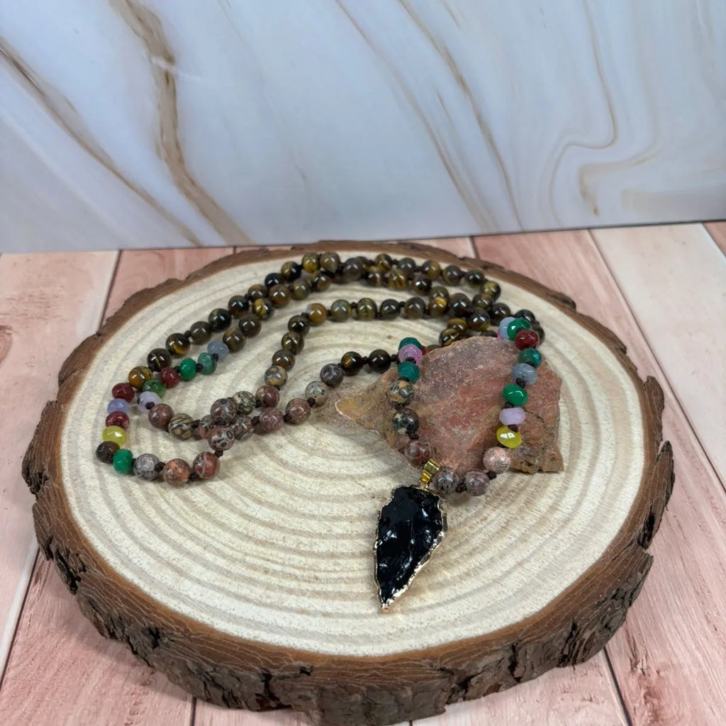 Collar Ojo De Tigre Con Flecha Obsidiana Piedras Naturales