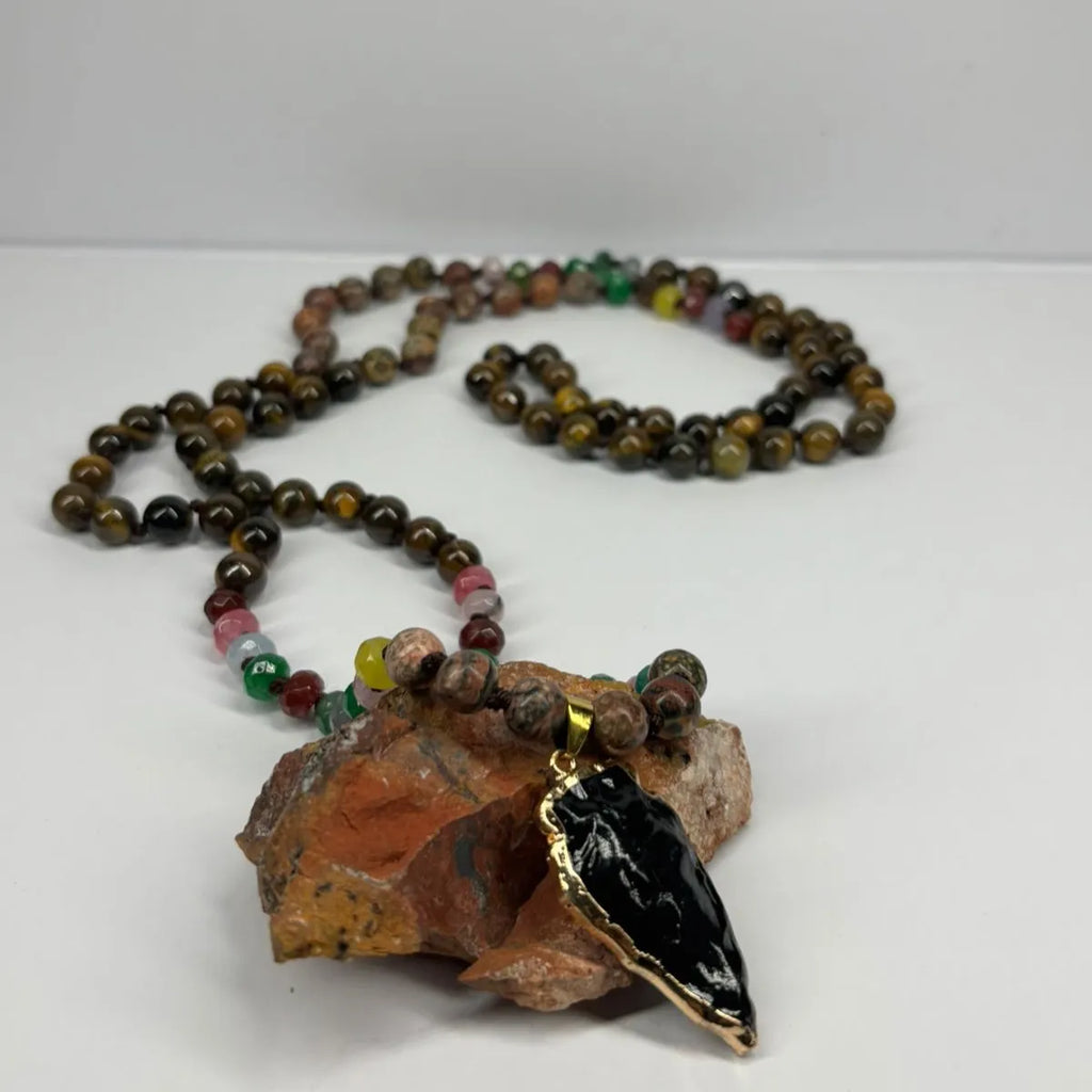 Collar Ojo De Tigre Con Flecha Obsidiana Piedras Naturales