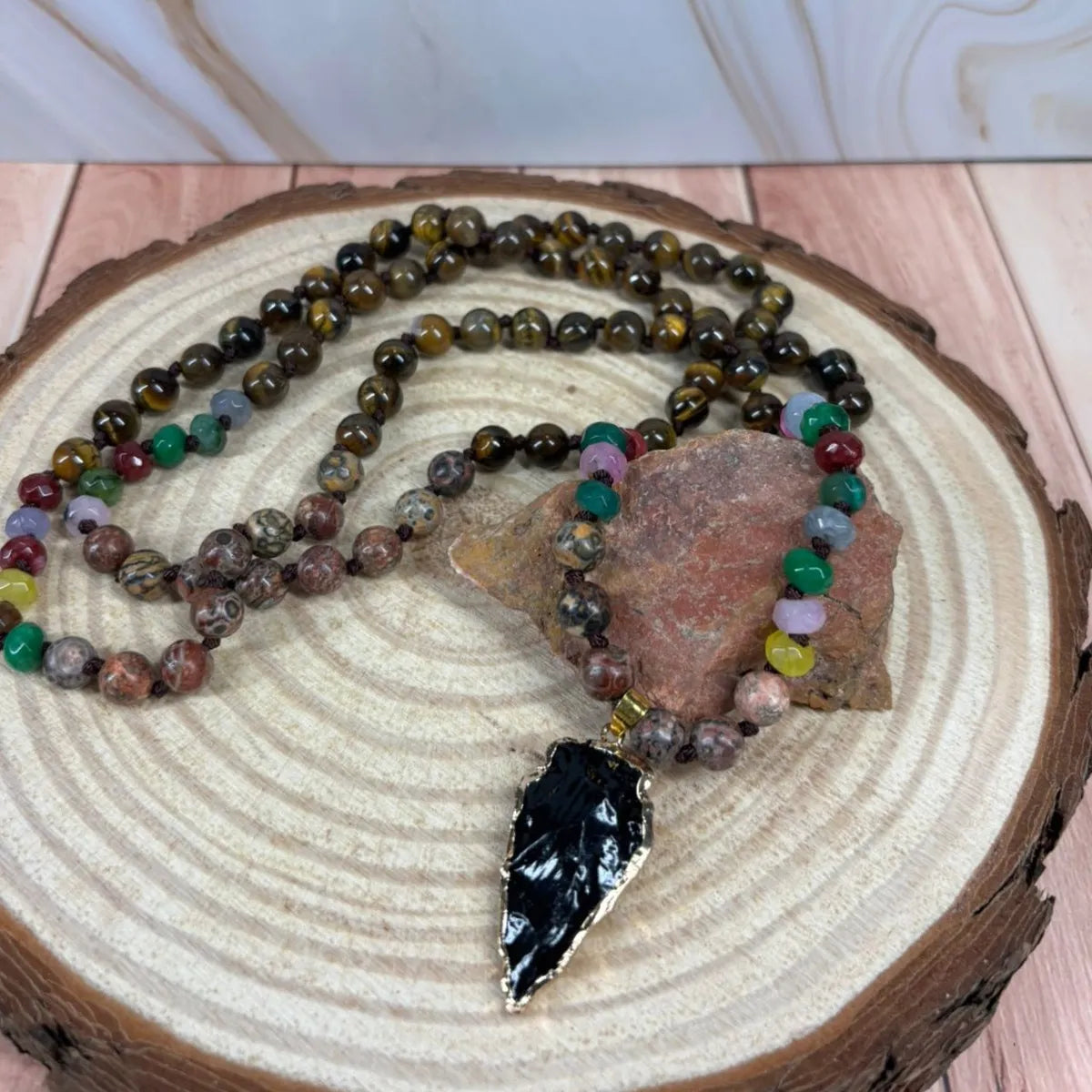 Collar Ojo De Tigre Con Flecha Obsidiana Piedras Naturales