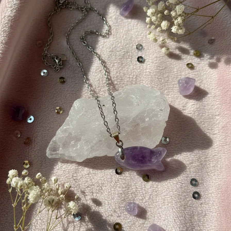 Collar Pez De Amatista Piedra Natural Con Acero Inoxidable