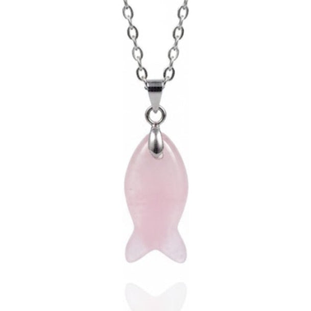 Collar Pez De Cuarzo Rosa Piedra Natural Y Acero Inoxidable