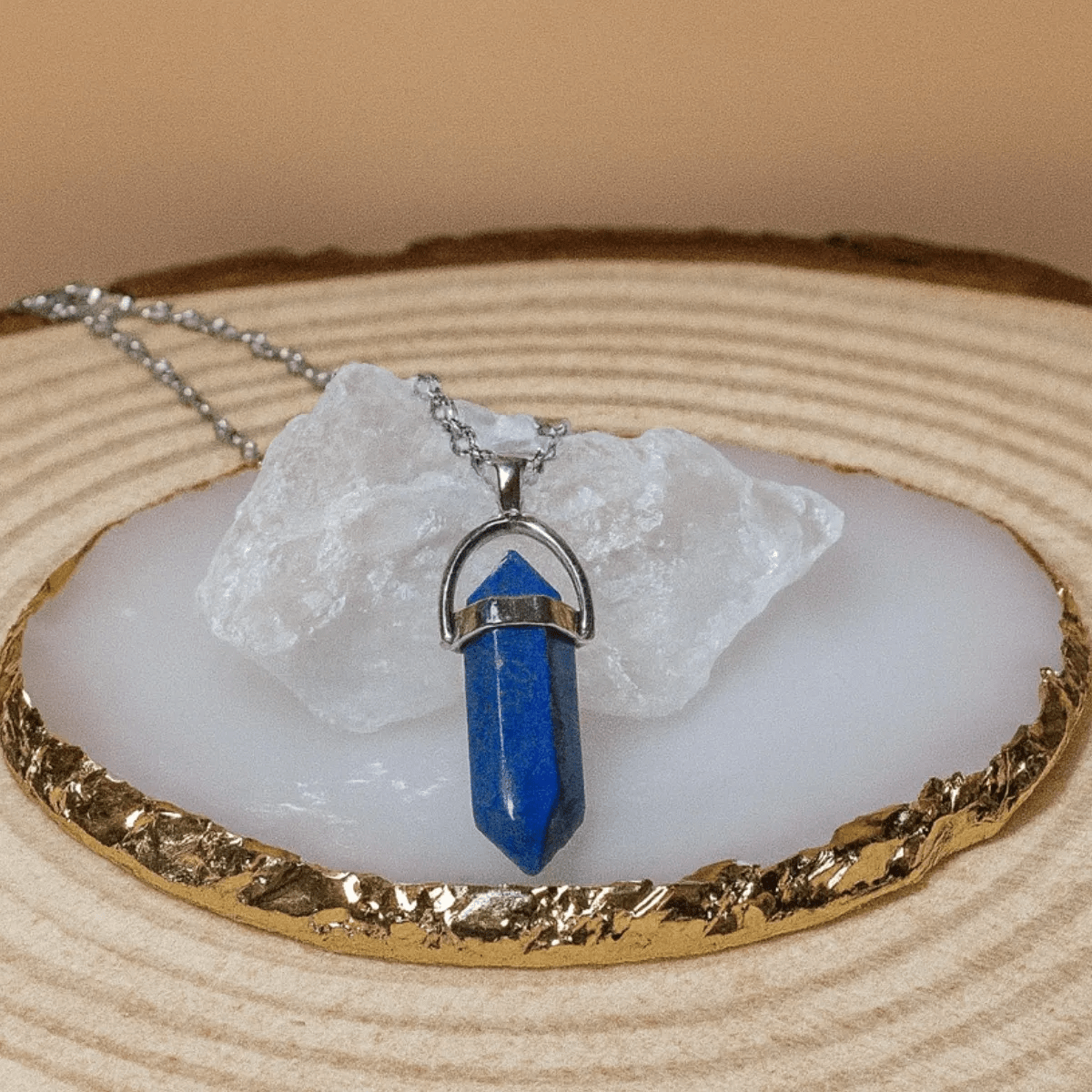 Collar Punta de Lapislázuli Natural y Acero para Sabiduría y Comunicación