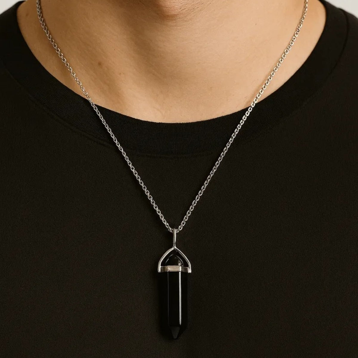 Collar de Obsidiana Natural y Acero Inoxidable para Protección Energética