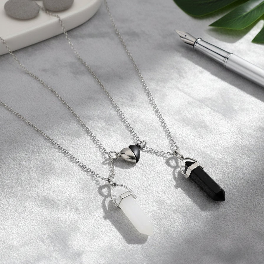 Collares De Pareja Piedra Colgante Obsidiana Y Cuarzo Amor