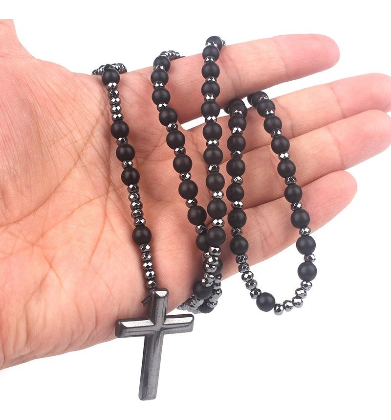 Rosario Collar Cruz Piedra Natural Ónix Negro Y Hematita