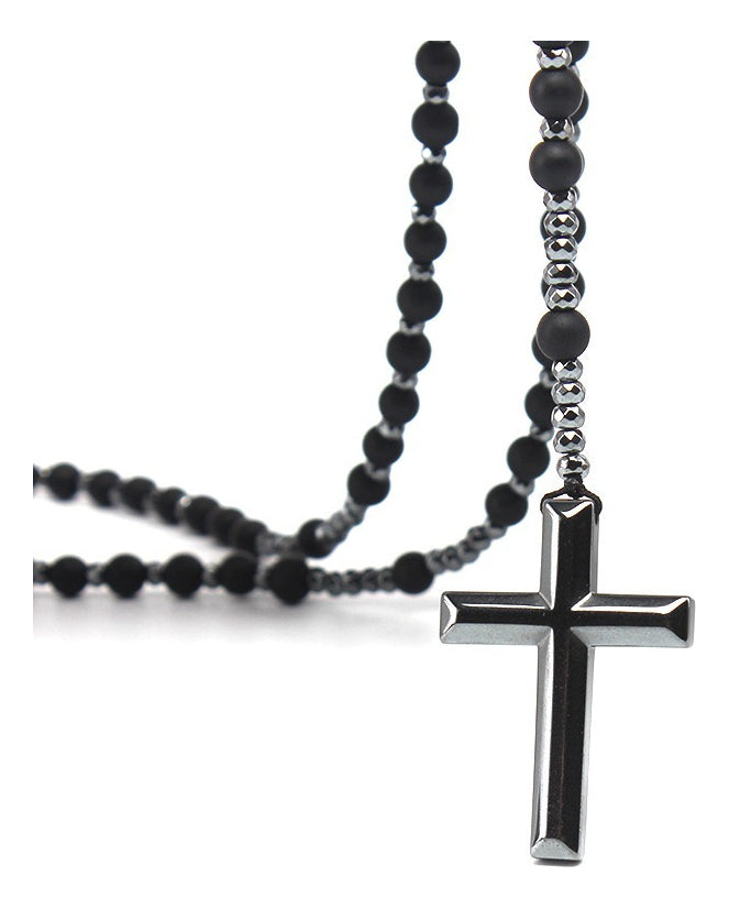 Rosario Collar Cruz Piedra Natural Ónix Negro Y Hematita