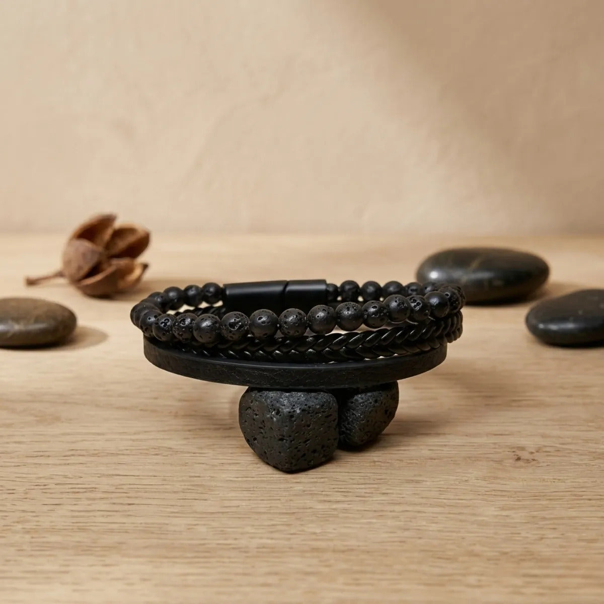 Pulsera Hombre Lava Piedra Natural Cuero Pu Masculina
