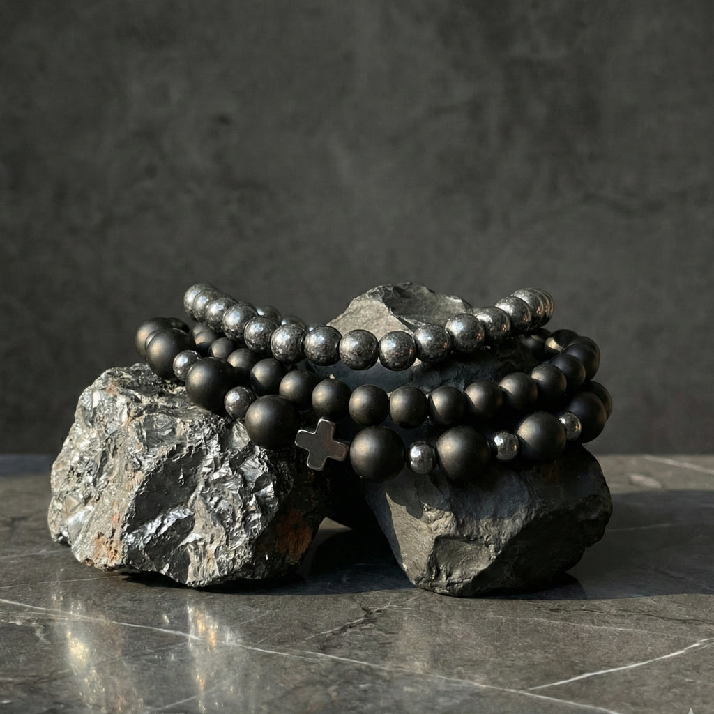 Set 3 Pulseras Hombre Ónix Mate y Hematita para Protección y Fuerza 