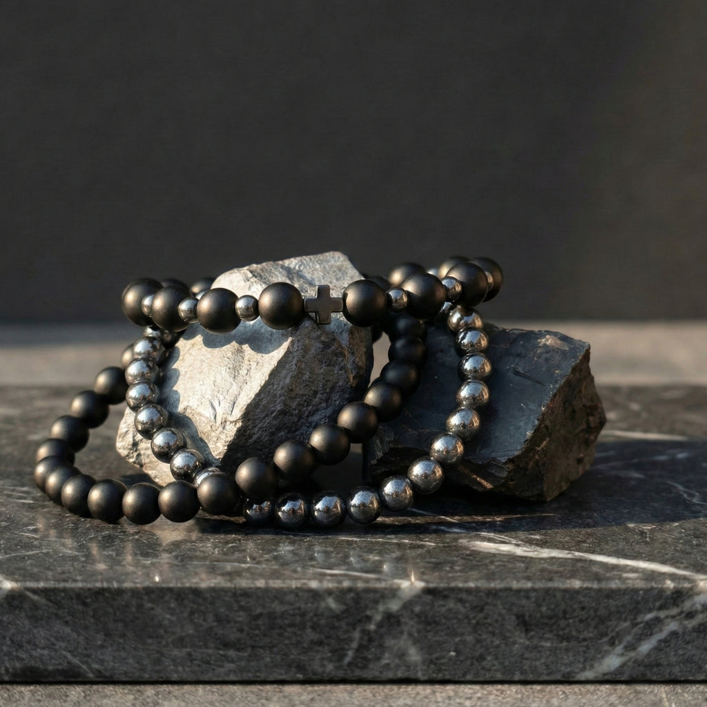 Set 3 Pulseras Hombre Ónix Mate y Hematita para Protección y Fuerza 