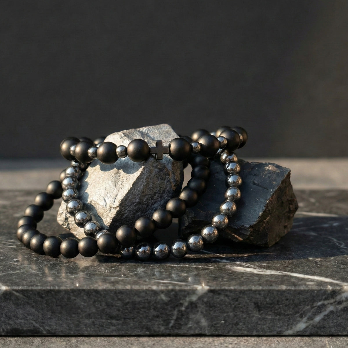 Set 3 Pulseras Hombre Ónix Mate y Hematita para Protección y Fuerza