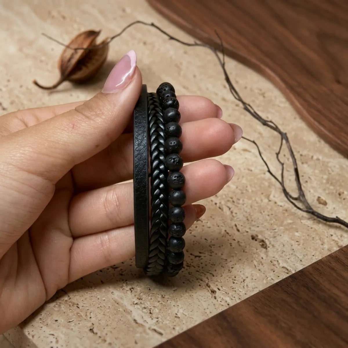Pulsera Hombre Lava Piedra Natural Cuero Pu Masculina 