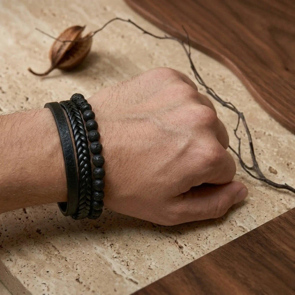 Pulsera Hombre Lava Piedra Natural Cuero Pu Masculina 