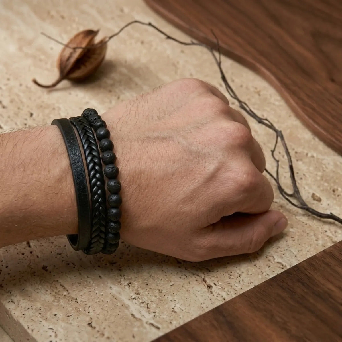 Pulsera Hombre Lava Piedra Natural Cuero Pu Masculina