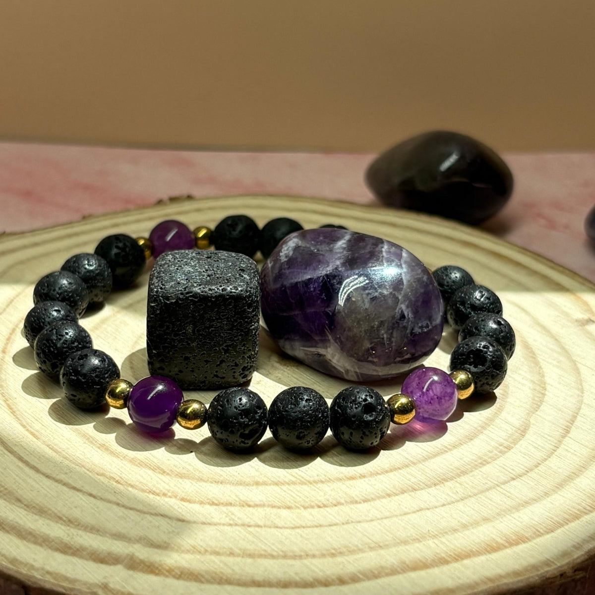 Pulsera Lava Volcánica, Hematita Y Amatista Natural