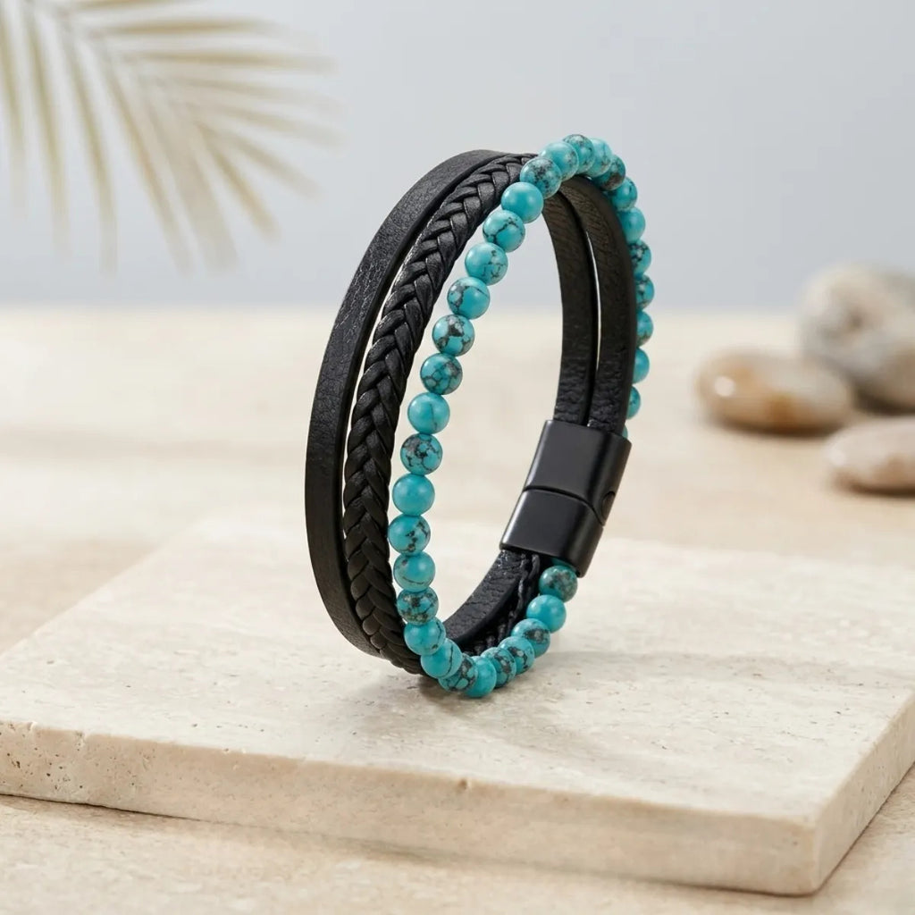 Pulsera Hombre Ágata Turquesa Cuero Pu Piedra Natural 