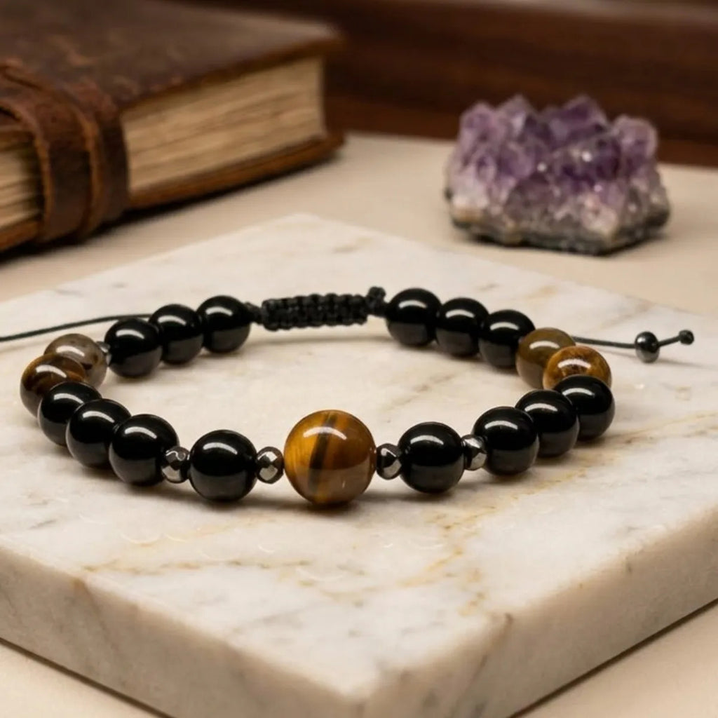 Pulsera de Ojo de Tigre, Obsidiana y Hematita