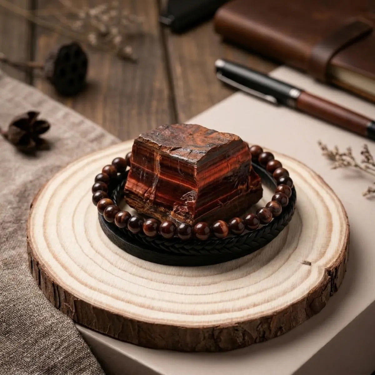 Pulsera Hombre Ojo De Buey Piedra Natural Cuero Pu