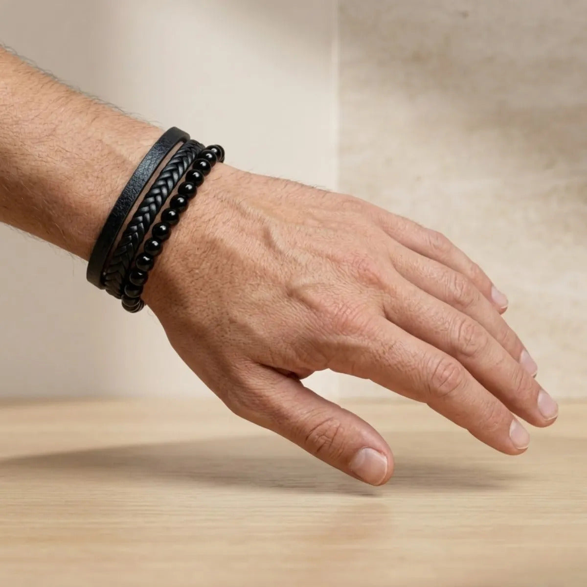 Pulsera Hombre Onix Negro Cuero Pu Brazalete Piedra Natural