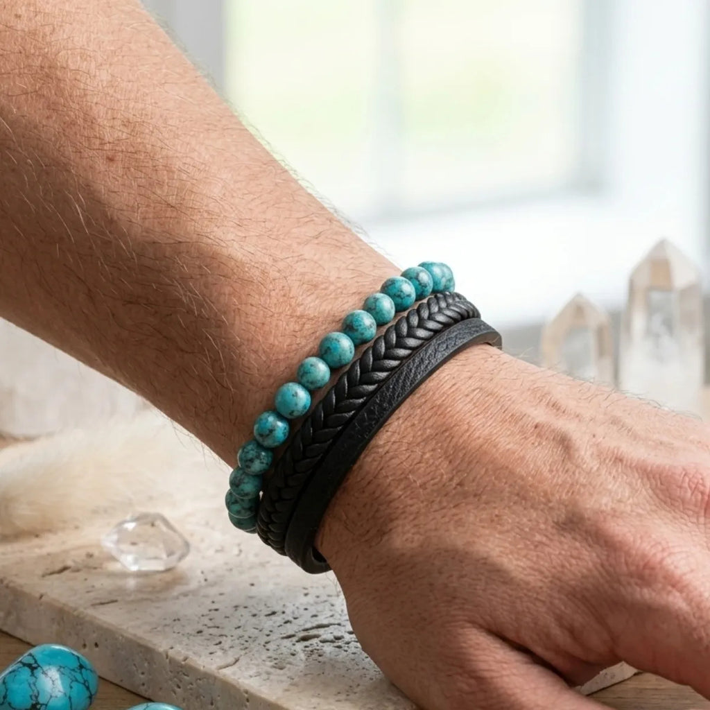 Pulsera Hombre Ágata Turquesa Cuero Pu Piedra Natural 
