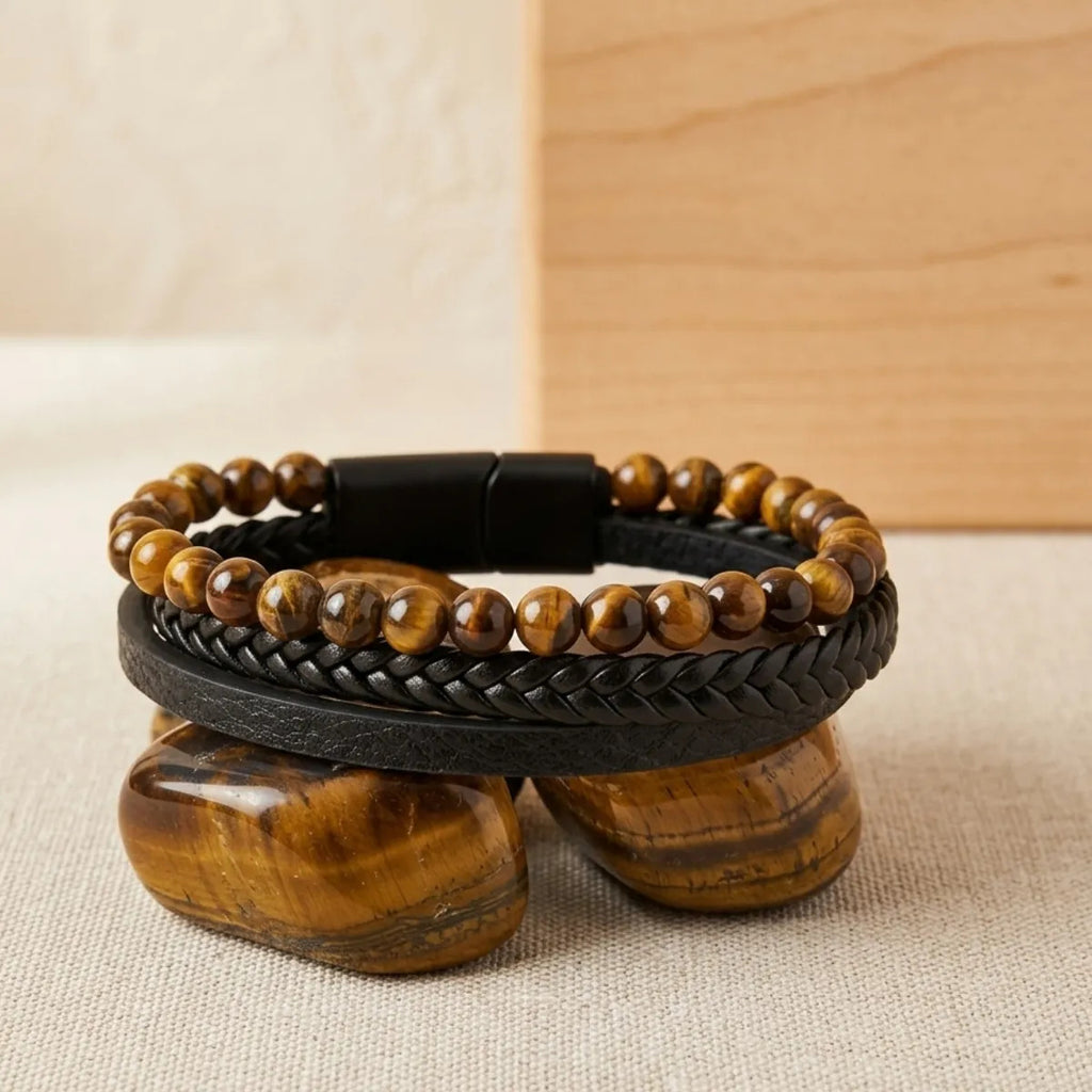 Pulsera Hombre Ojo De Tigre Piedra Natural Cuero Pu