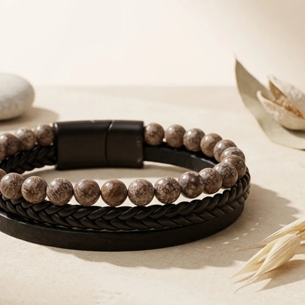 Pulsera Hombre Jaspe Yoperlita Piedra Natural Cuero Pu