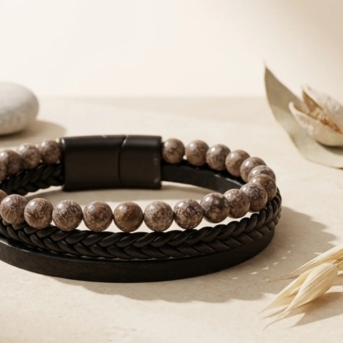 Pulsera Hombre Jaspe Yoperlita Piedra Natural Cuero Pu